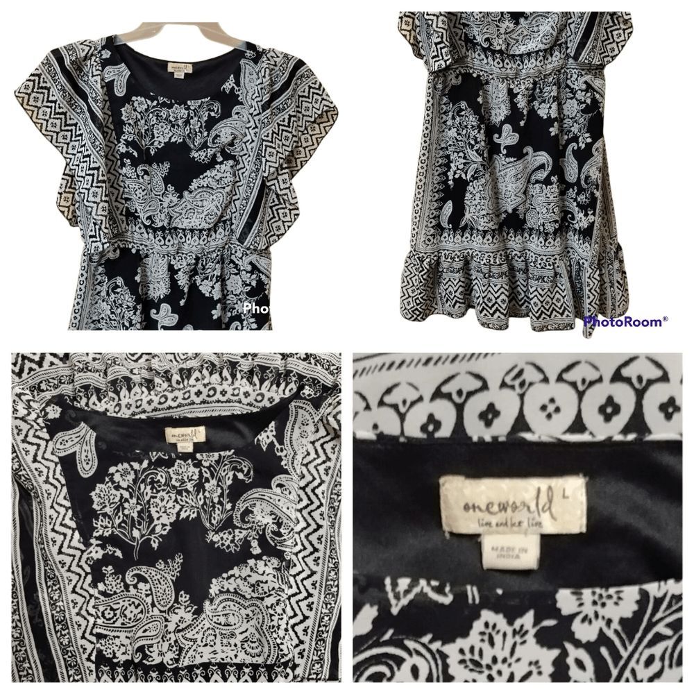 One World Dress Sz L Black White Flowy Paisley Blouson Sheath Tunic - Picture 3 of 8
